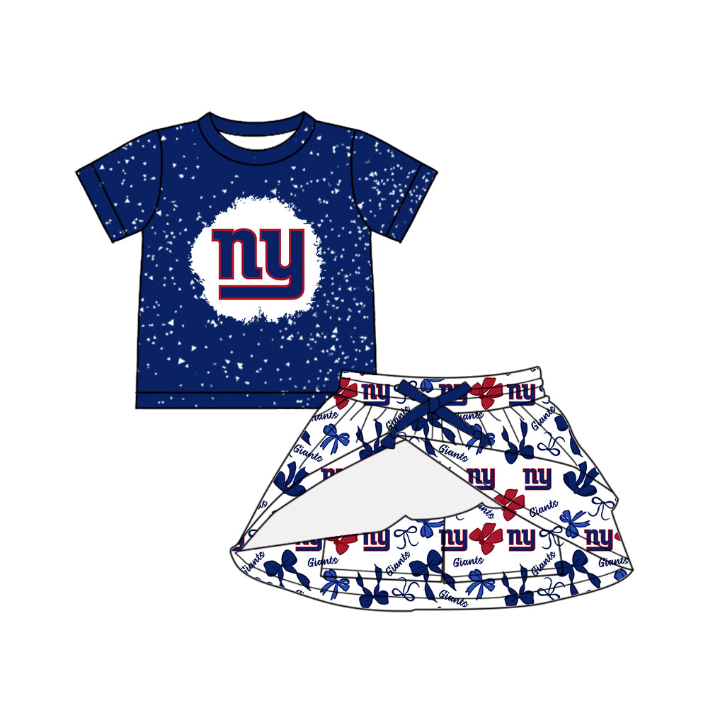 Preorder (moq 5)Baby Girls Hot Blue Short Sleeves NY Giants Top Bows Plaid Skorts Team Set