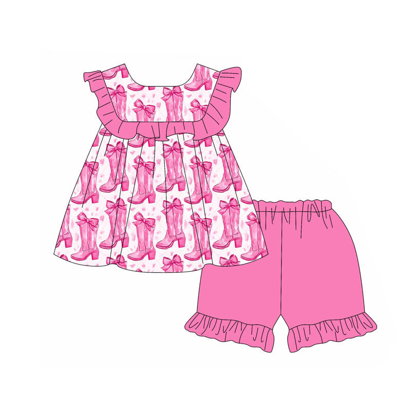 Preorder(moq 5) Baby Girls Pink Bows Boots Tunic Ruffle Shorts Western Clothes Sets