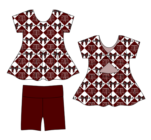 Preorder moq 5 Baby Girls Short Sleeve ATM Bows Checked Tunic Shorts Team Clothes Set