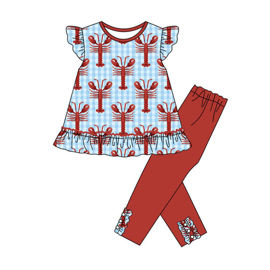 Preorder(moq 8)Baby Girls Blue Checked Crayfishes Tunic Leggings Clothes Sets