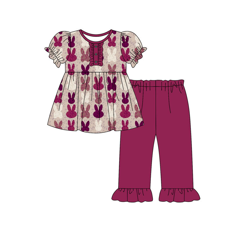 Preorder(moq 5) Baby Girls Hot Pink Rabbits Button Tunic Ruffle Pants Easter Clothes Sets