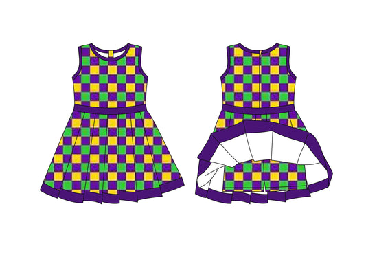 Preorder moq 8 Baby Girls Mardigras Checked Back Zip Shorts Ruffle Knee Length Dresses
