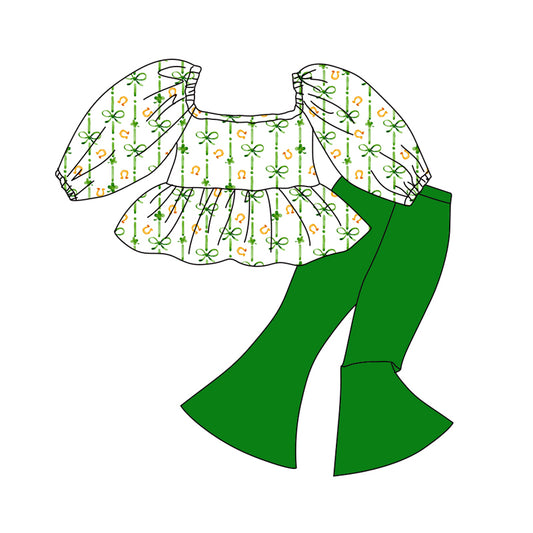 Preorder (moq 5)Baby Girls Clovers Bows Ruffle Tunic Bell Bottom Pants St Patrick Clothes Sets