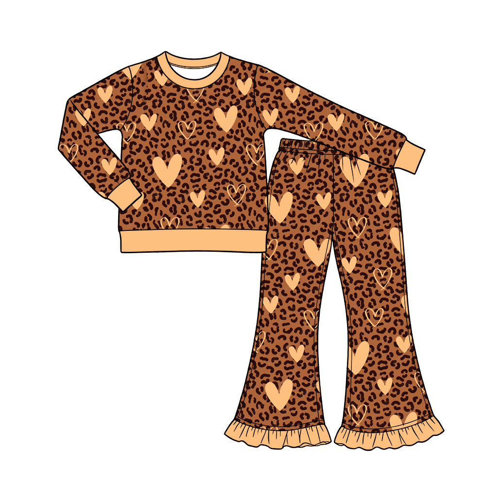 Preorder (moq 5) Baby Girl Clothes Brown Leopard Light Tan Heart Print Long Sleeve Flare Pant Set