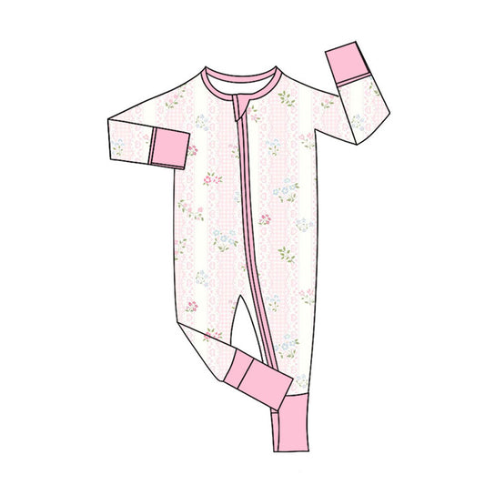 Preorder (moq 5)Baby Girls Pink Flower Hearts Stripe Zipper Footie Rompers