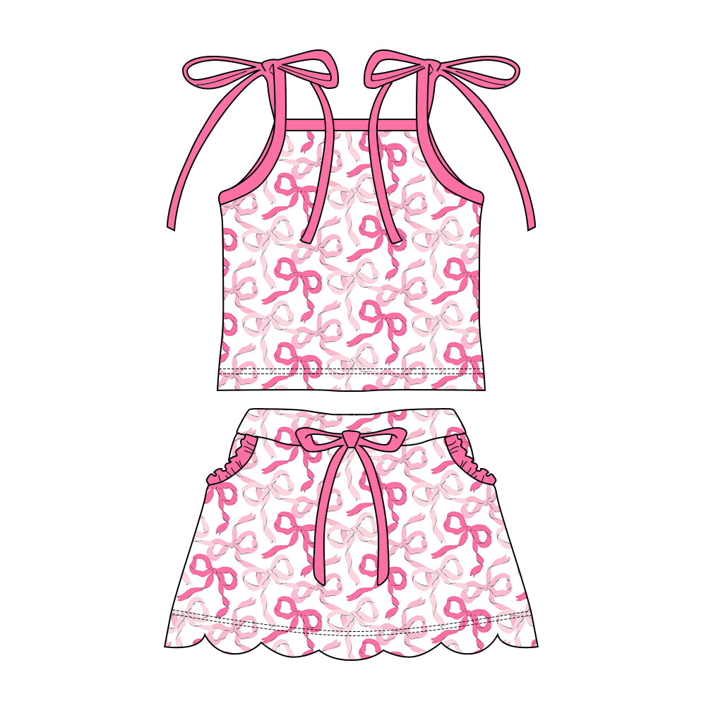 Preorder moq 5 Baby Girls Strap Pink Bows Plaid Top Pockets Scallop Skirt Short Clothes Sets