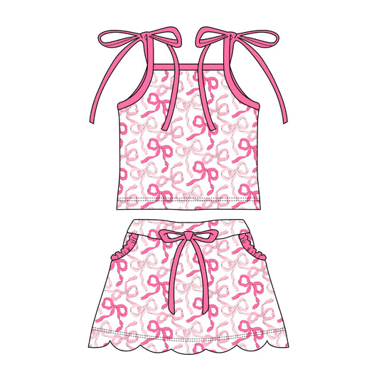 Preorder moq 5 Baby Girls Strap Pink Bows Plaid Top Pockets Scallop Skirt Short Clothes Sets
