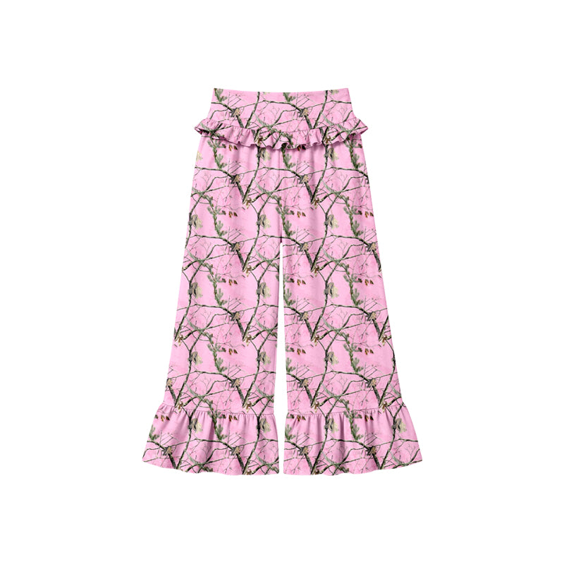 Preorder (moq 5) Baby Girl Clothes Pink Tree Branch Camo Mixed Print Long Waist Ruffle Bell Bottom Pants