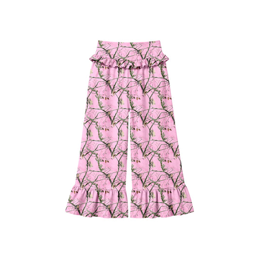 Preorder (moq 5) Baby Girl Clothes Pink Tree Branch Camo Mixed Print Long Waist Ruffle Bell Bottom Pants