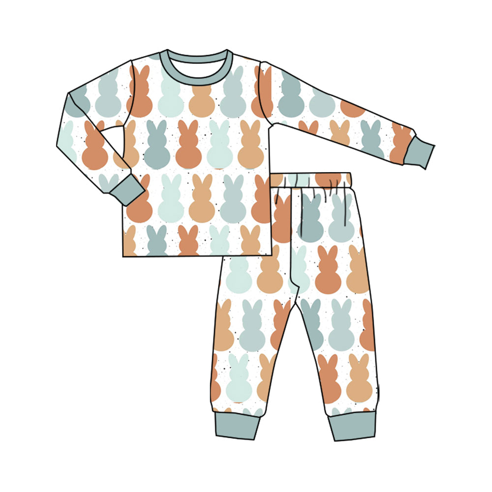 Preorder (moq 5) Baby Boy Clothes Neutral Boho Bunny Silhouette Print Long Sleeve Cuff Pajama Set