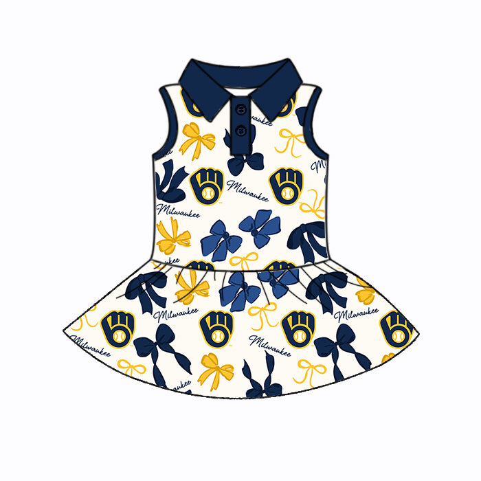 Preorder (moq 5)Baby Girls Navy Sleeveless Bows Plaid Baseballs Button Team Knee Length Dresses