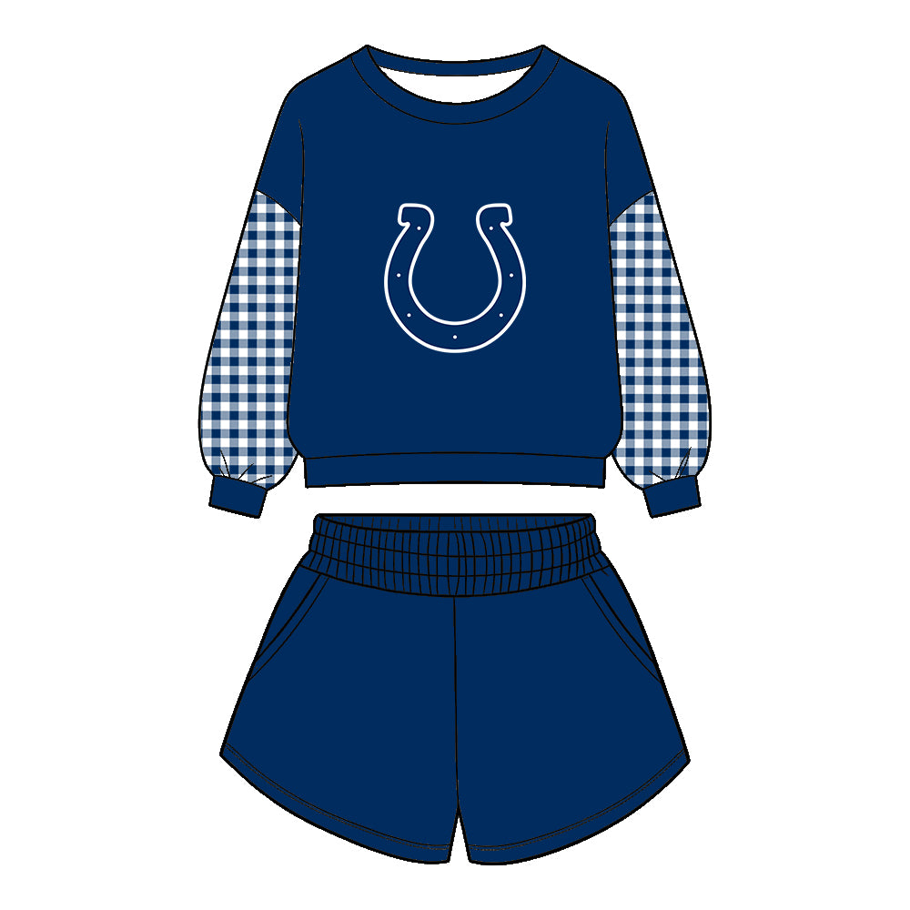 Preorder (moq 5)Baby Boys Navy Long Sleeve Colts Top Pockets Short Team Clothes Set