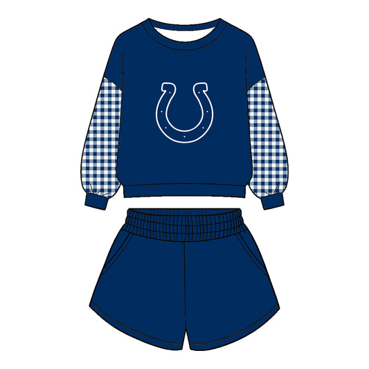 Preorder (moq 5)Baby Boys Navy Long Sleeve Colts Top Pockets Short Team Clothes Set