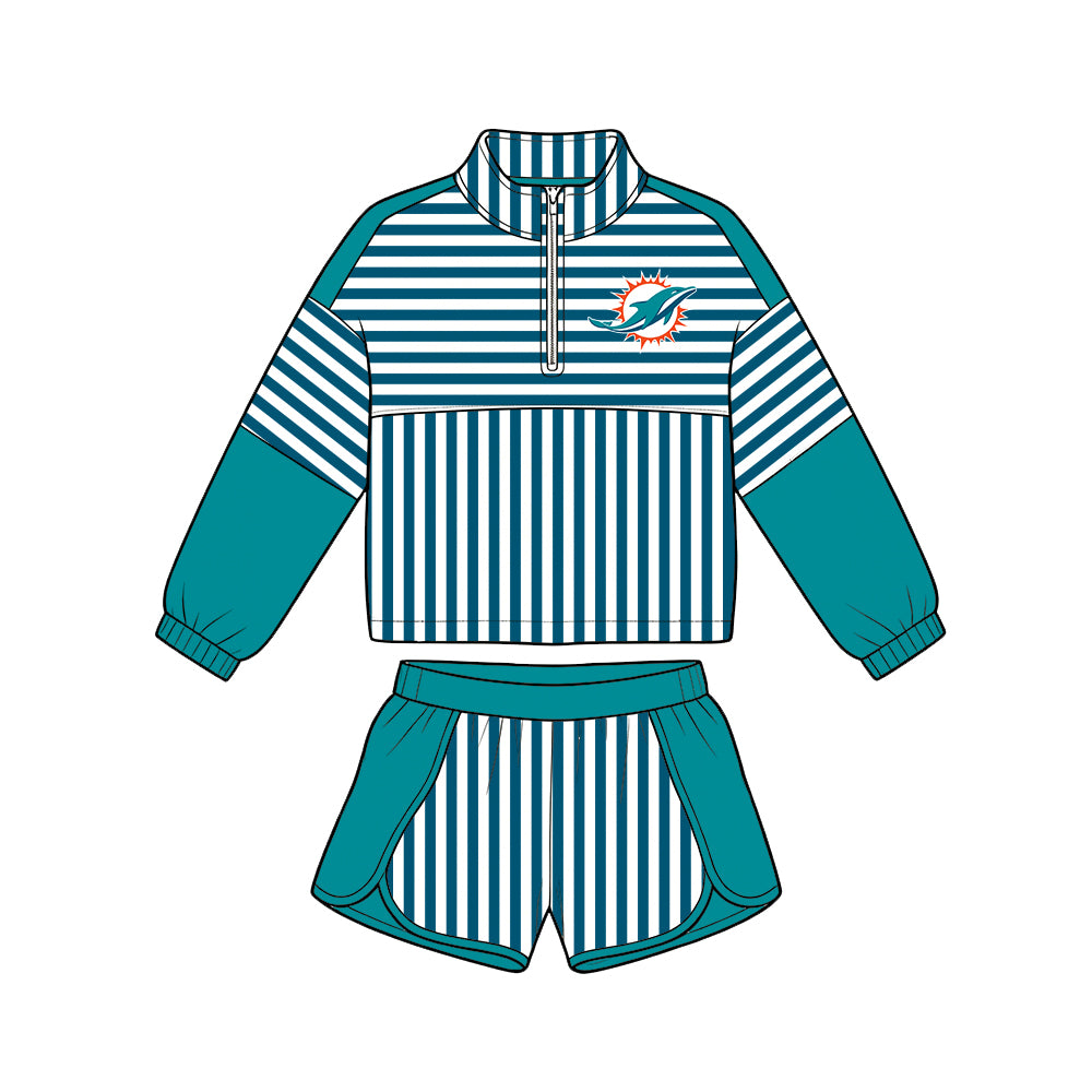 Preorder (moq 5)Baby Girls Green Stripe Dolphins Zip Pullovers Short Team Clothes Set