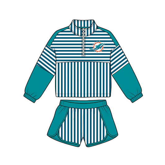 Preorder (moq 5)Baby Girls Green Stripe Dolphins Zip Pullovers Short Team Clothes Set