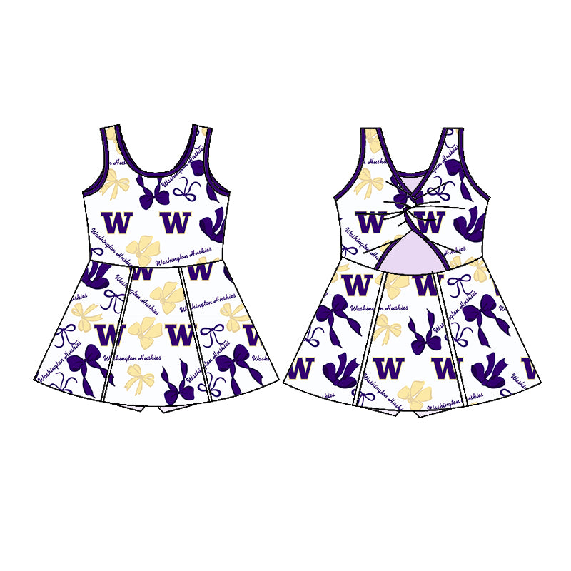 Preorder (moq 5)Baby Girls Purple Sleeveless W Bows Plaid Shorts Team Knee Length Dresses
