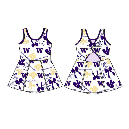 Preorder (moq 5)Baby Girls Purple Sleeveless W Bows Plaid Shorts Team Knee Length Dresses