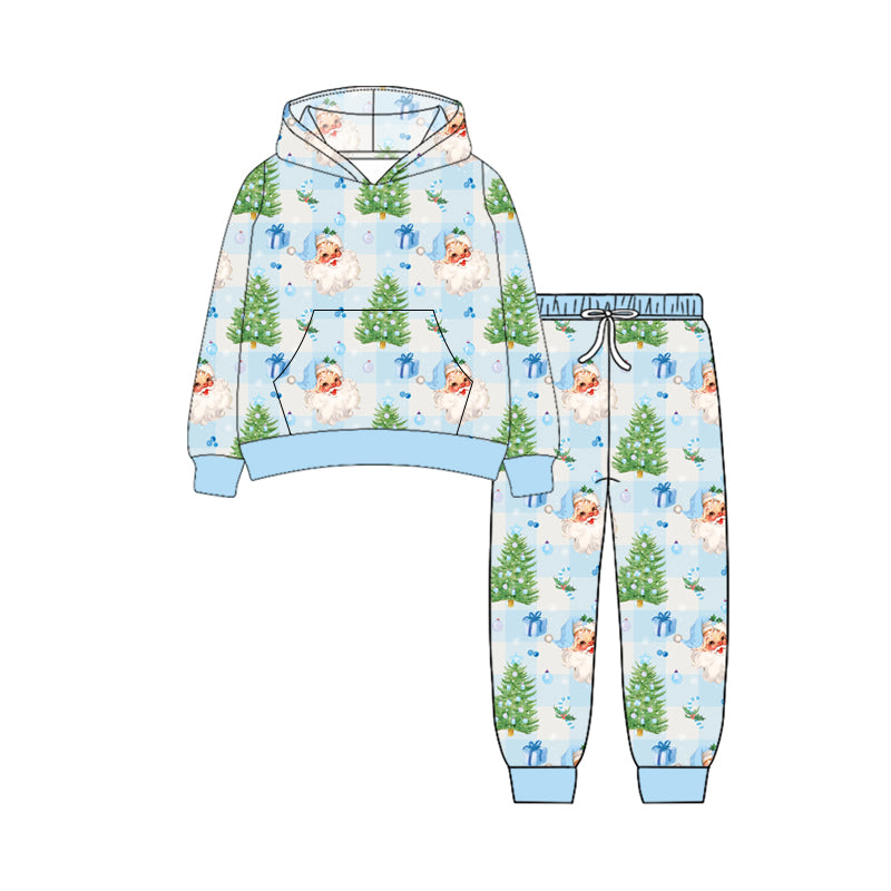 Preorder (moq 5)Baby Boys Long Sleeves Blue Santa Trees Plaid Button Pocket Hoodies Legging Pants Set