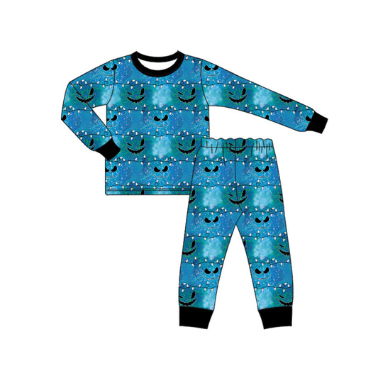 Preorder (moq 5)Baby Boys Blue Long Sleeves Ghost Pumpkins Top Pants Pajamas Set