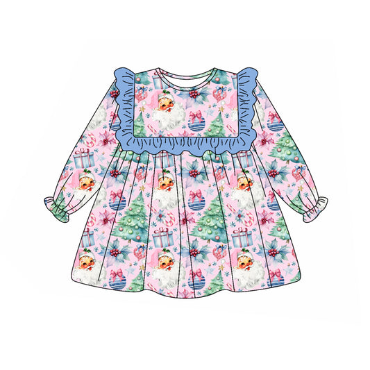 Preorder (moq 5)Baby Girls Blue Long Ruffle Sleeves Floral Trees Santa Knee Length Dresses