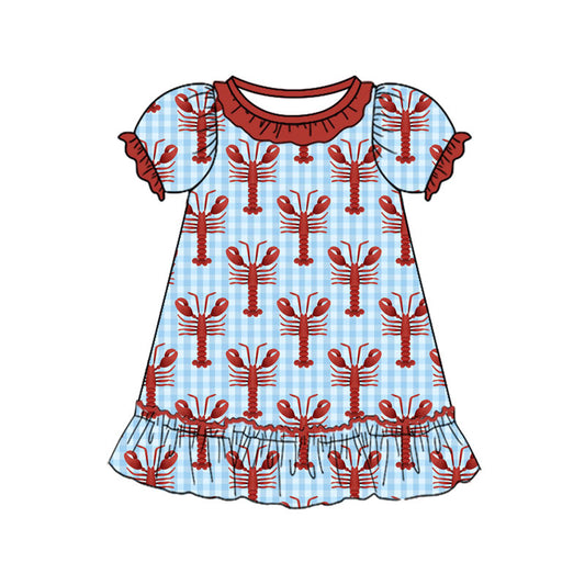 Preorder(moq 8)Baby Girls Blue Checked Crayfishes Ruffle Knee Length Dresses