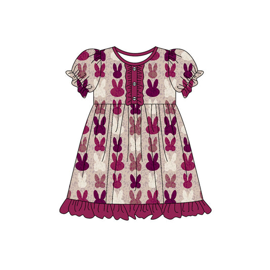 Preorder(moq 5) Baby Girls Hot Pink Rabbits Button Easter Ruffle Knee Length Dresses