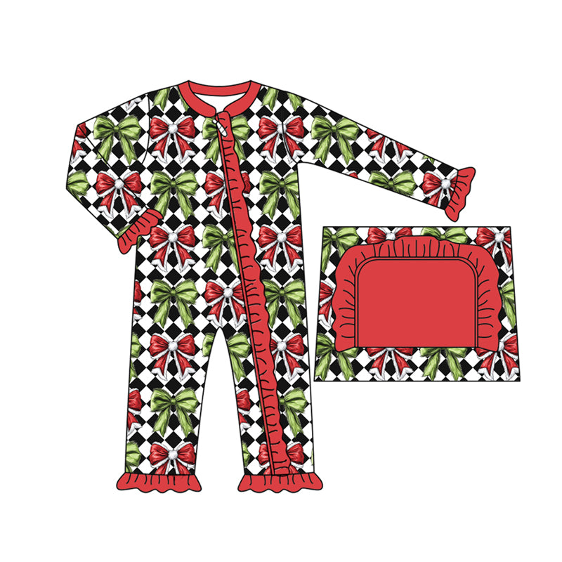 preorder(moq 5)Baby Infant Girls Green Red Bows Plaid Ruffle Christmas Zipper Rompers
