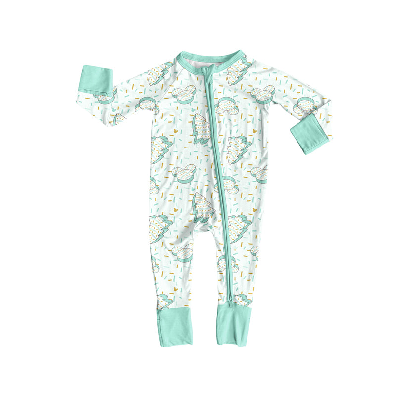 Preorder (moq 20)Baby Boys Bamboo Aqua Sprinkles Cartoon Mouse Trees Christmas Zippy Footie Rompers