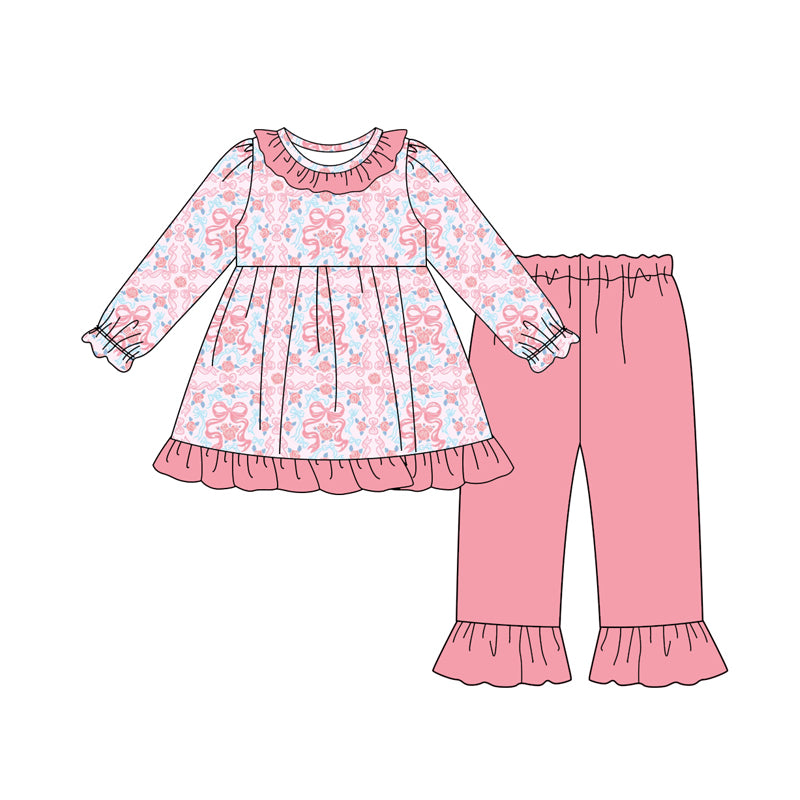 Preorder (moq 5)Baby Girls Pink Bows Floral Plaid Tunic Ruffle Pants Set