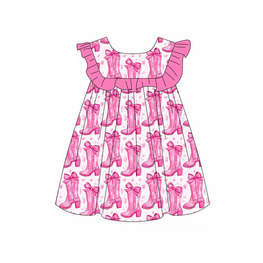Preorder(moq 5) Baby Girls Sleeveless Pink Bows Boots Western Knee Length Dresses