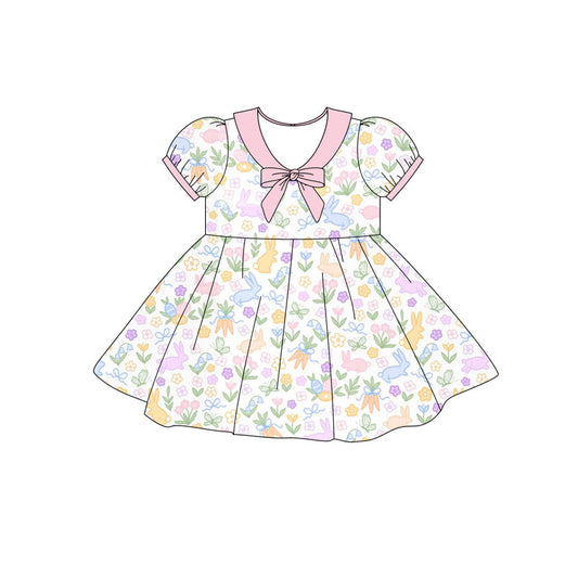 Preorder(moq 5) Baby Girls Short Ruffle Sleeve Rabbits Flowers Easter Knee Length Dresses