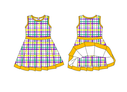 Preorder moq 8 Baby Girls Mardigras Checked Back Zip Shorts Ruffle Knee Length Dresses