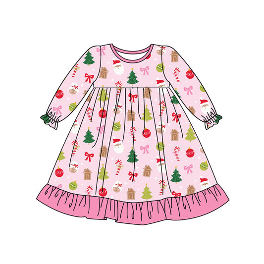 Preorder (moq 5)Baby Girls Pink Long Ruffle Sleeves Santa Trees Bows Knee Length Dresses