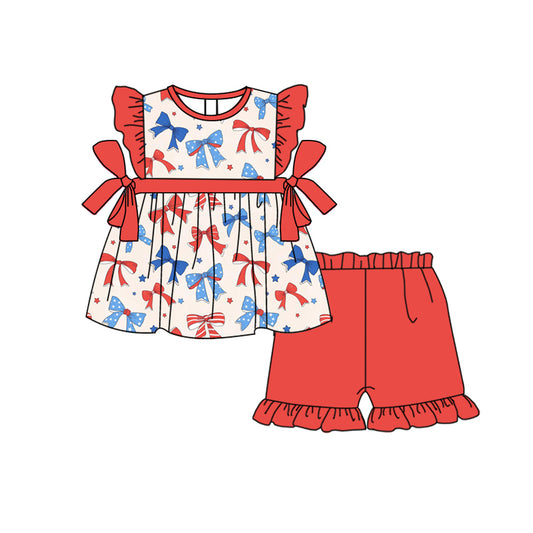 Preorder moq 5 Baby Girls Peach Flutter Sleeves Blue Red Bows Tunic Ruffle Short 4th Of July Set