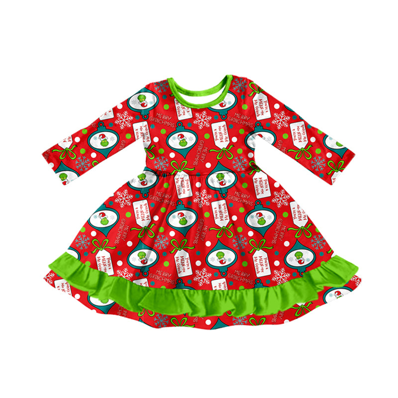 Preorder (moq 5)Baby Girls Long Sleeves Cartoon Faces Plaid Ruffle Knee Length Dresses