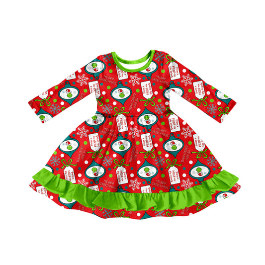 Preorder (moq 5)Baby Girls Long Sleeves Cartoon Faces Plaid Ruffle Knee Length Dresses