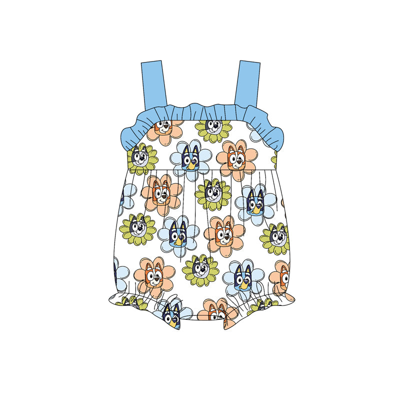 Preorder(moq 5)Baby Infant Girls Blue Strap Cartoon Dogs Flowers Ruffle Rompers