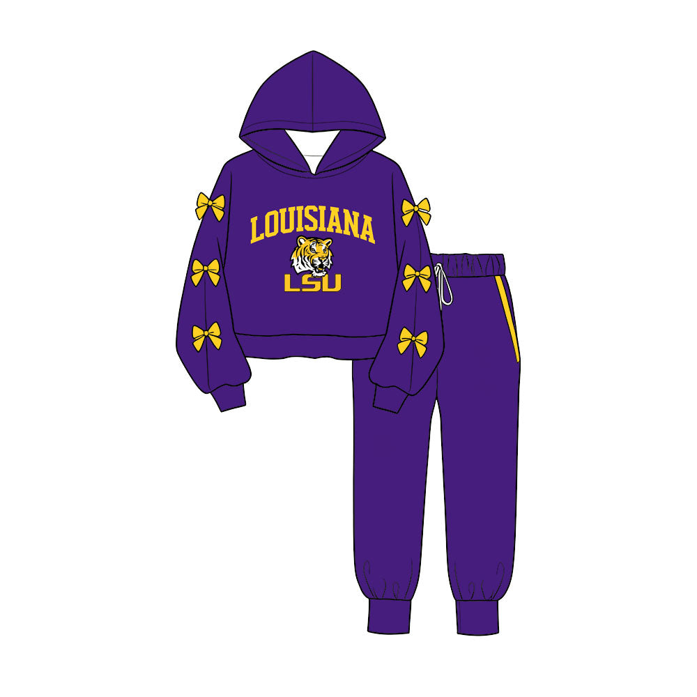 Preorder (moq 5) Baby Girls Bows Sleeves Louisiana Hoodie Pockets Jogger Team Clothes Sets