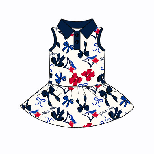 Preorder (moq 5)Baby Girls Navy Sleeveless Bows Plaid Eagle Button Team Knee Length Dresses