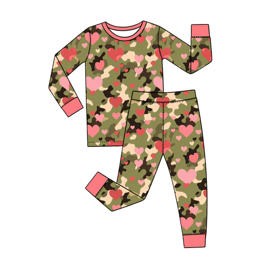 Preorder (moq 5) Baby Girl Clothes Camo Heart Mixed Print Long Sleeve Pajama Set