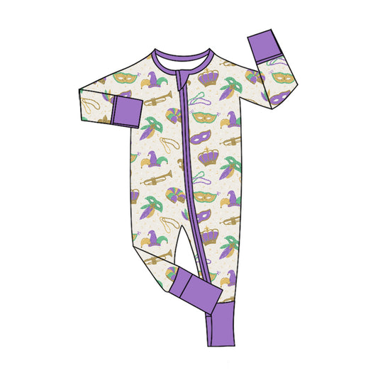 Preorder (moq 5) Baby Girl Clothes Mardi Gras Mask Crown Print Long Sleeve Zipper Romper