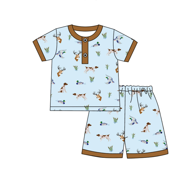 Preorder (moq 5)Baby Boys Blue Short Sleeves Button Deer Ducks Dogs Top Short Pajamas Set