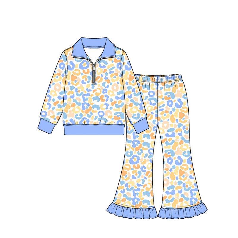 Preorder (moq 5) Baby Girl Clothes Soft Blue Pastel Leopard Print Long Sleeve Half Zip Top Ruffle Flare Pant Set