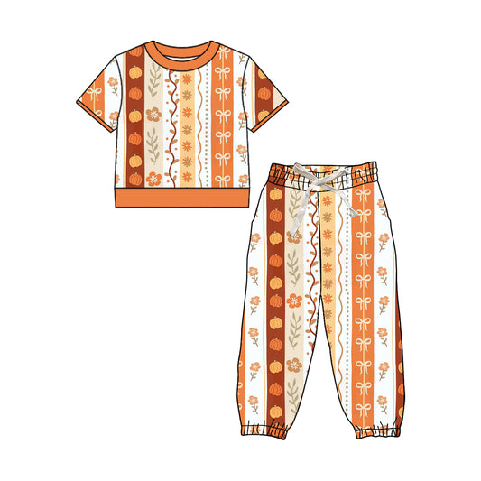 Preorder (moq 5)Baby Girls Short Sleeve Pumpkins Flowers Top Jogger Pant Fall Clothes Sets