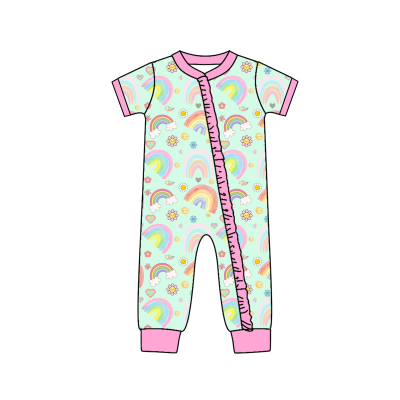 Preorder (moq 5)Baby Girls Rainbow Hearts Valentines Two Way Ruffle Zip Convertible Rompers