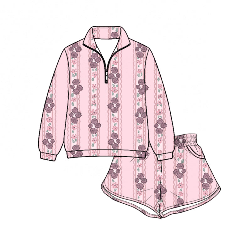 Preorder (moq 5)Baby Girls Pink Flowers Stripe Zip Pullovers Pockets Short Clothes Set