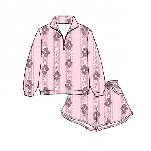 Preorder (moq 5)Baby Girls Pink Flowers Stripe Zip Pullovers Pockets Short Clothes Set