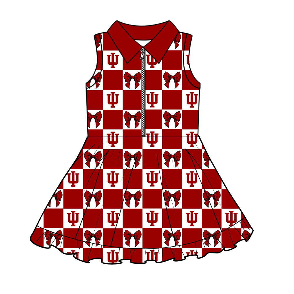 Preorder (moq 5)Baby Girls Red Kokomo Bows Checked Zipper Short Team Knee Length Dresses