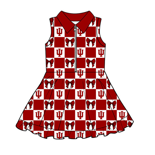 Preorder (moq 5)Baby Girls Red Kokomo Bows Checked Zipper Short Team Knee Length Dresses