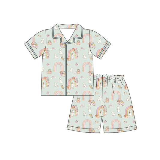 Preorder (moq 5)Baby Girls Eggs Rabbits Flowers Button Top Shorts Easter Pajamas Sets